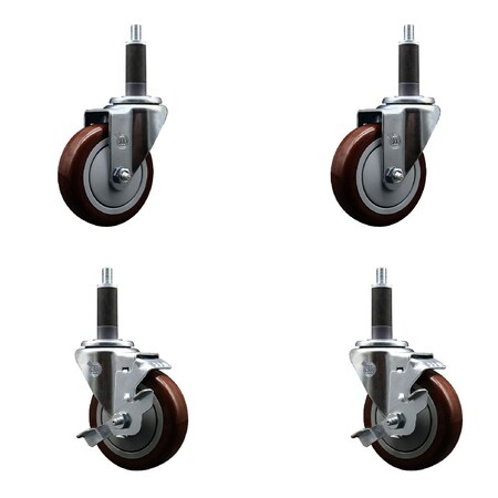 Service Caster 4'' SS Maroon Poly Wheel Swivel 1'' Expanding Stem Caster Set 2 Brakes, 4PK SCC-SSEX20S414-PPUB-MRN-2-TLB-2-1